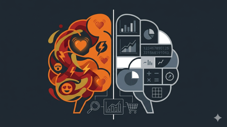 Ilustracja przedstawiająca podział mózgu na System 1 (emocjonalny) i System 2 (analityczny) — ekonomia behawioralna w marketingu